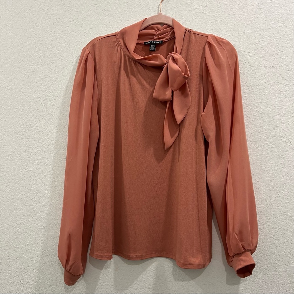Cable & Gauge Rust Pink Tie-Neck Long Sleeve Blouse